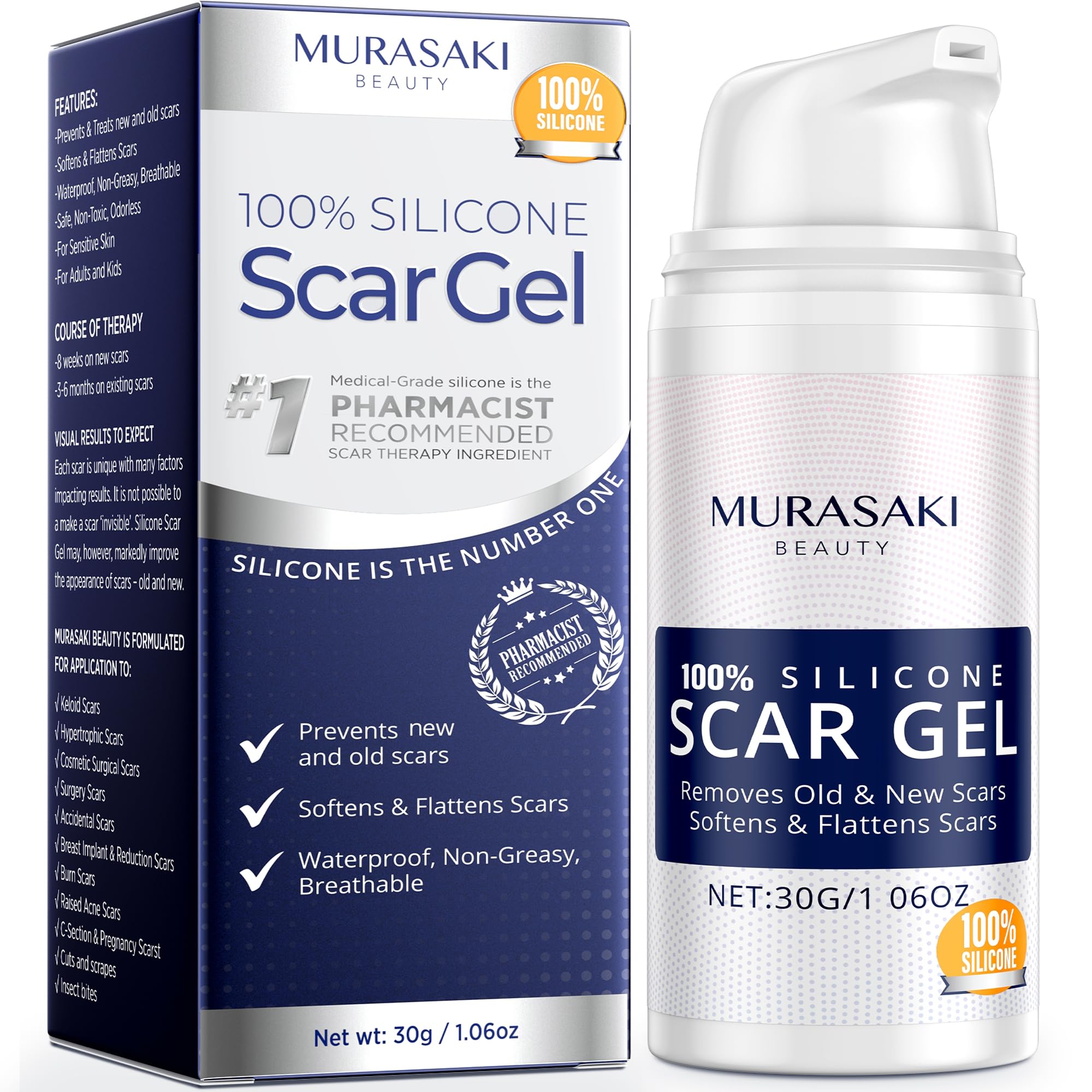 100% Silicone Scar Gel Scars Cream - Advanced Scar Gel for Surgical Scars, C-Section, Stretch Marks, Acne, Injury, Burns, Keloids, Old and New Scars 1.06oz(30g) (Maximum Strength 100% Silicone)