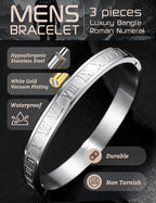 YADOCA 3Pcs Stainless Steel Bracelets for Men Roman Numeral Bangle Bracelet Adjustable Cuff Bracelet Twisted Cable Bracelet Mens Luxury Bracelets Jewelry Gifts Gold/Silver/Black