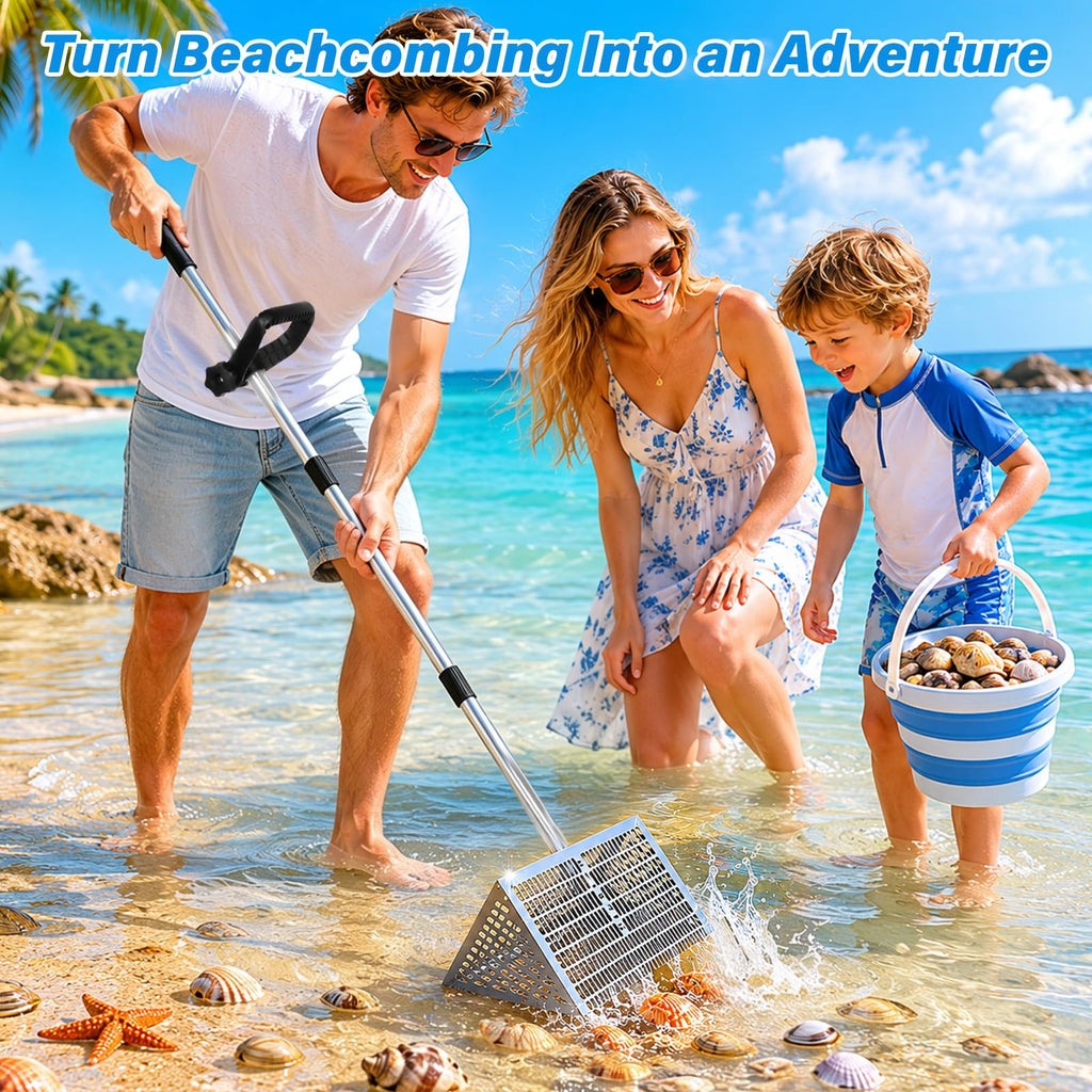 MENGBEI Sand Flea Rake, Beach Treasure Rake Stainless Steel – 16" Wide Stainless Steel Sand Sifter for Shark Teeth, Shells & Sand Crabs, Collapsible Design with Drain Screen