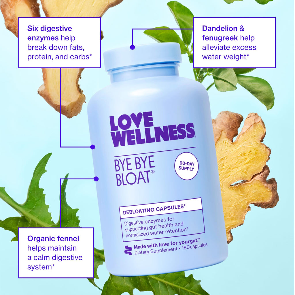 Love Wellness Bye Bye Bloat, Digestive Enzymes | Bloating Relief for Women | Help Reduce Gas Relief & Water Retention | Supports Digestive Health with Fenugreek & Dandelion | 180 Count