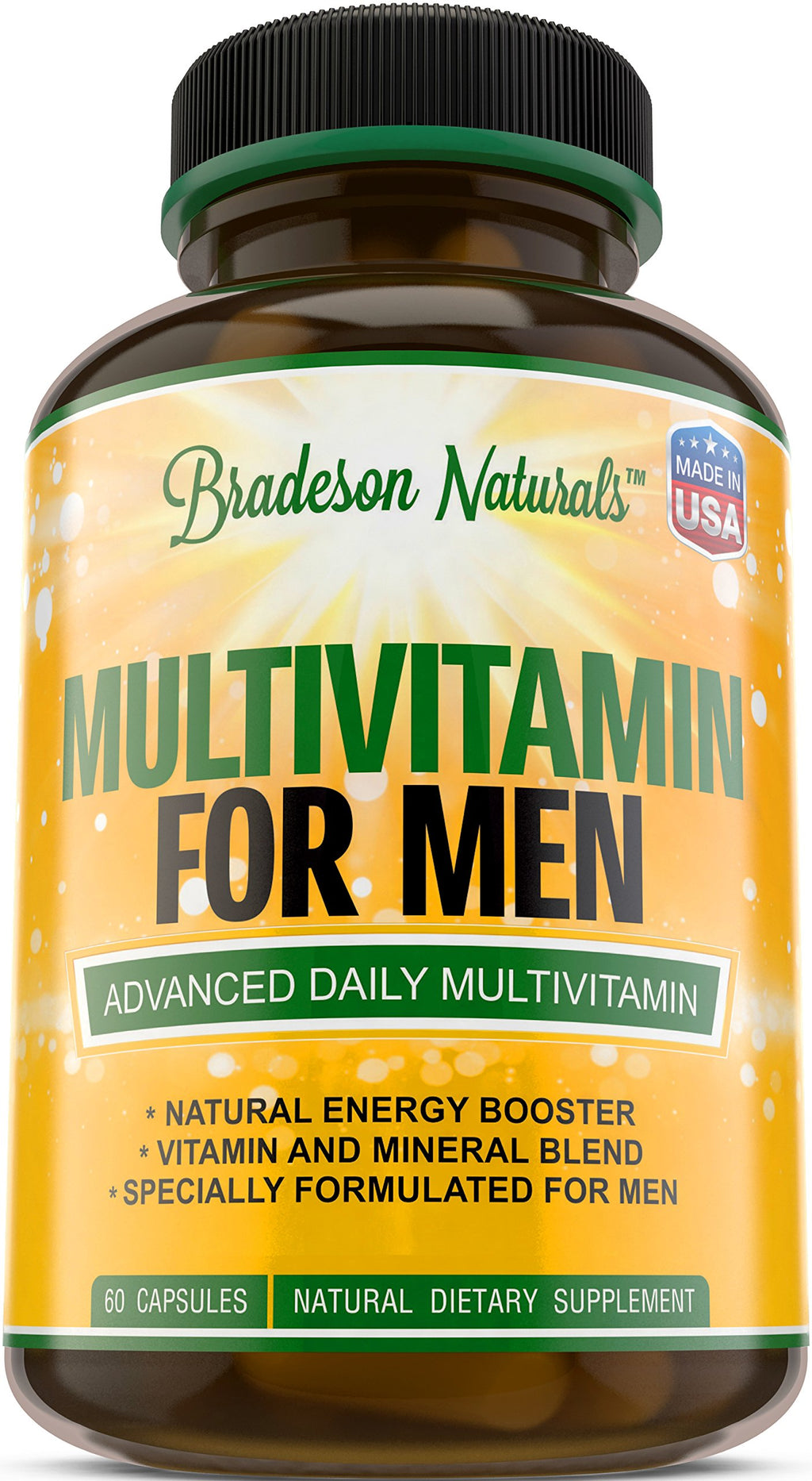 Bradeson Naturals Men's Multivitamin Supplement for Energy, Focus and Performance. Mens Vitamins A, C, D, E & B12, Zinc, Calcium, Magnesium & More. Multi Vitamin 60 Capsules Made in The USA