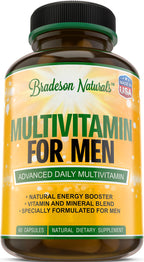 Bradeson Naturals Men's Multivitamin Supplement for Energy, Focus and Performance. Mens Vitamins A, C, D, E & B12, Zinc, Calcium, Magnesium & More. Multi Vitamin 60 Capsules Made in The USA
