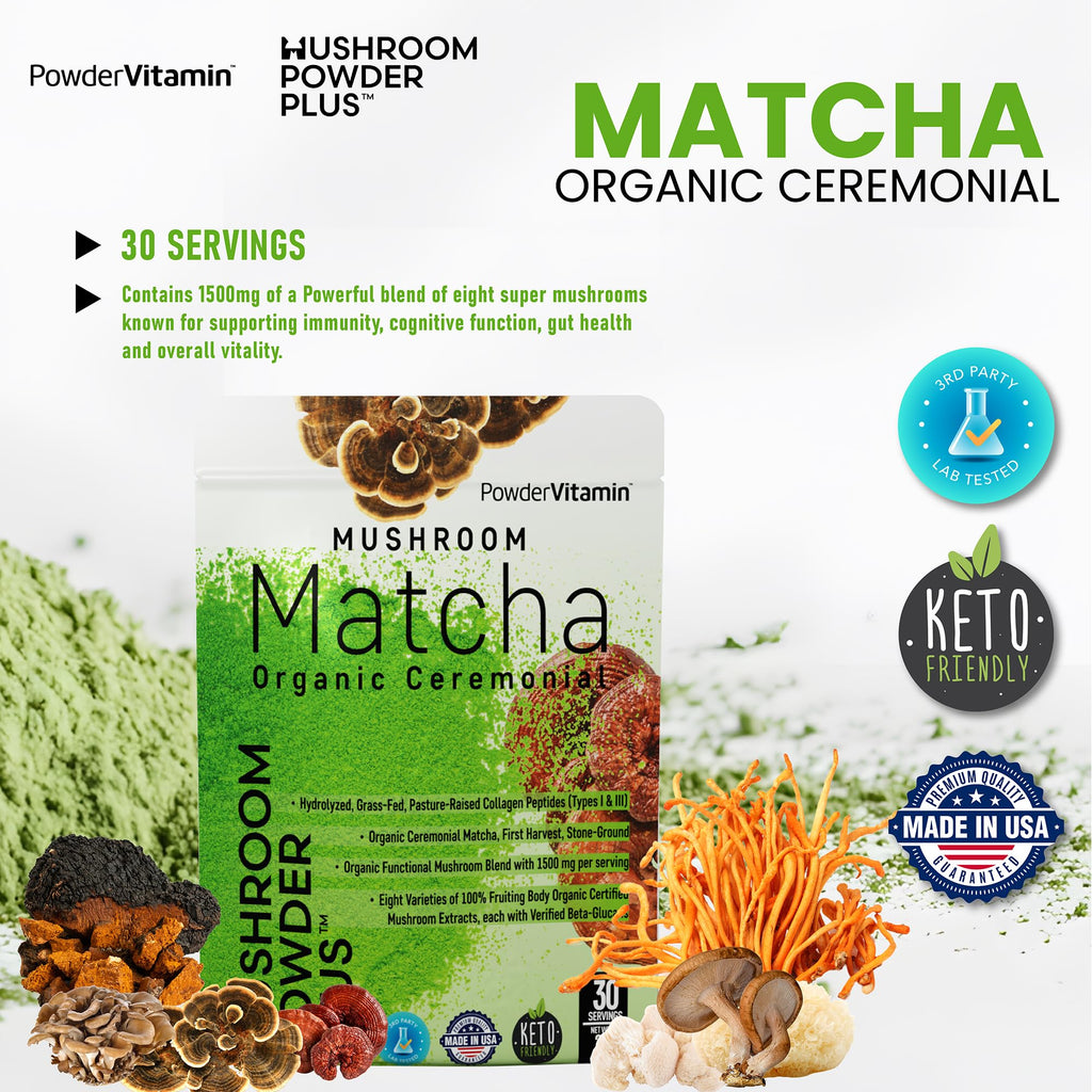 PowderVitamin Organic Ceremonial Mushroom Matcha Certified Pesticide-Free Grass-Fed Collagen Types I & III 8 Fruiting Body Mushrooms Tested for Beta-Glucans Focus Digestion & Immunity 30 Servings