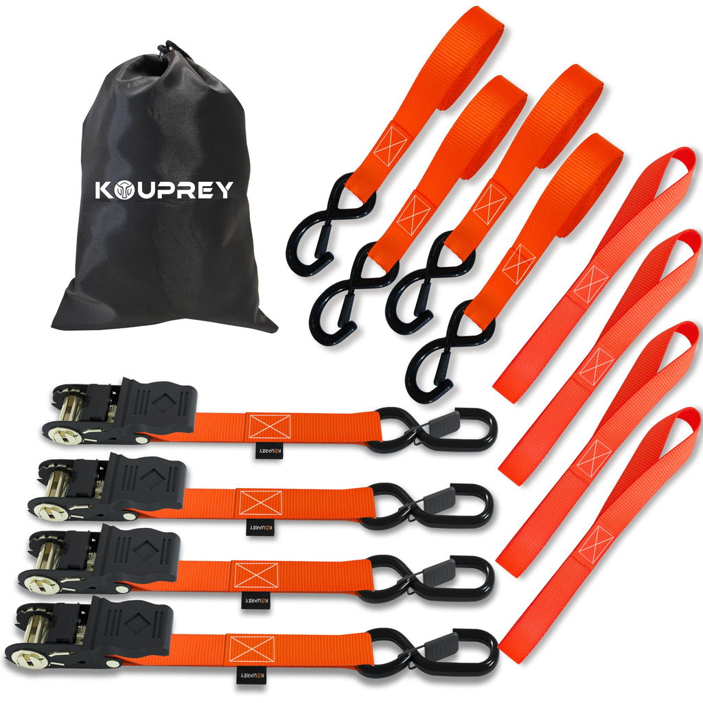 Ratchet Straps, Boat Tie Down Straps to Trailer, Motorcycle Straps, Kayak Tie Downs, 4-PK 1" x 15ft, 1800 LB Break Strength Safety Lock S Hooks & 4 Soft Loops-Secure, Rubber Coated Handle Orange