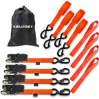 Ratchet Straps, Boat Tie Down Straps to Trailer, Motorcycle Straps, Kayak Tie Downs, 4-PK 1" x 15ft, 1800 LB Break Strength Safety Lock S Hooks & 4 Soft Loops-Secure, Rubber Coated Handle Orange