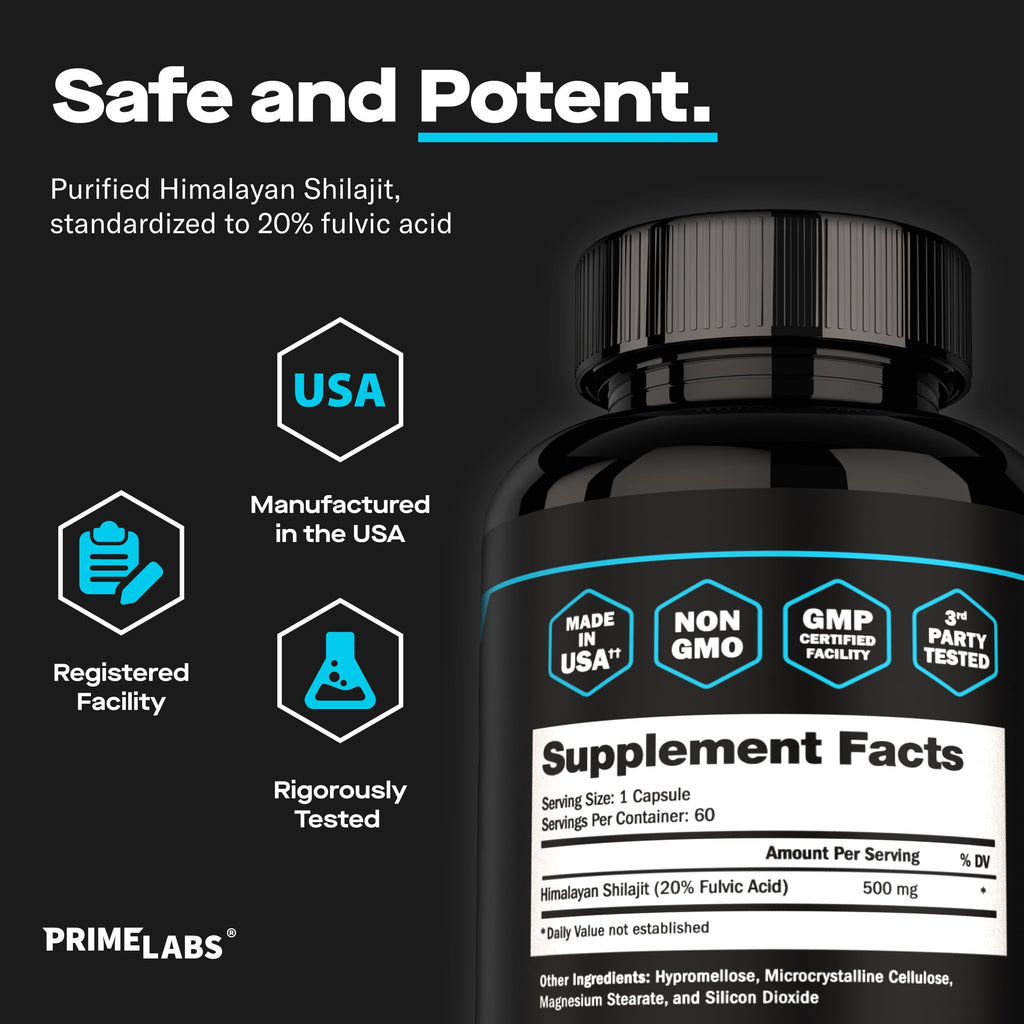 Prime Labs Shilajit Capsules for Men - 500mg Himalayan Shilajit (20% Fulvic Acid) - Energy, Vitality, Testosterone Support - Third-Party Tested, Made in the USA, Non-GMO - 60 Count, 60 Servings