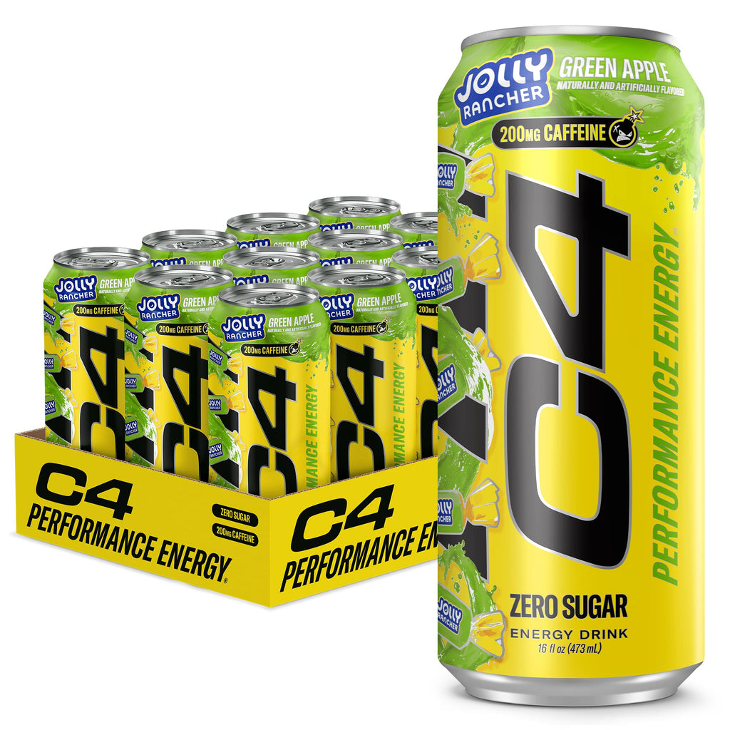 C4 Performance Energy Drink, Zero Sugar, Jolly Rancher Green Apple, 12pk