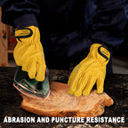 LOCCEF 2 Pairs Leather Work Gloves for Men and Women,Cowhide Leather Gloves Utility Working Gloves (Yellow, 11/XXL)