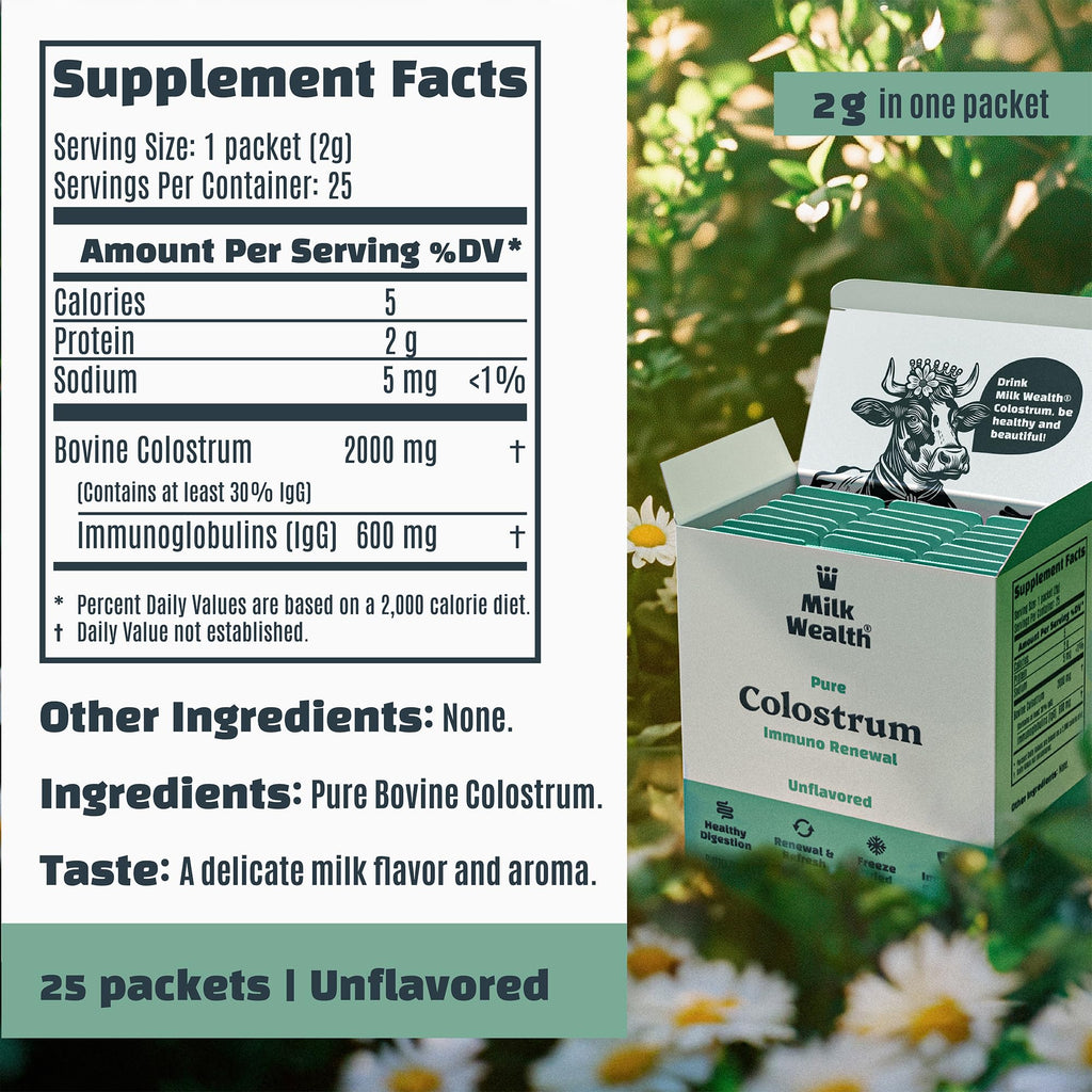 Milk Wealth™ Bovine Colostrum Powder 50g | Freeze-Dried & Natural IgG | Immune & Gut Health Support | Grass-Fed & Unflavored | Non-GMO & Gluten-Free | 25 Single-Serve Packets (2g Each)