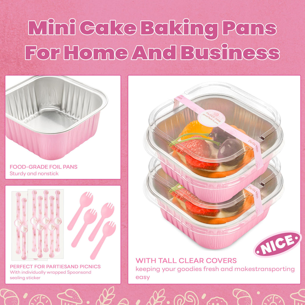NPLUX 50 Pcs Mini Square Baking Cups with Lids and Spoons Aluminum Foil Mini Cake Pans with Lids Disposable Ramekins Cake Pans Dessert Cups for Wedding Birthday Party(Pink,10oz)