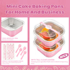 NPLUX 50 Pcs Mini Square Baking Cups with Lids and Spoons Aluminum Foil Mini Cake Pans with Lids Disposable Ramekins Cake Pans Dessert Cups for Wedding Birthday Party(Pink,10oz)