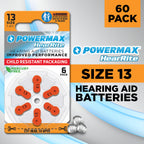 Powermax Size 13 Hearing Aid Batteries, 60 Count Long-Lasting Battery Pack, Orange Long Tab for Easy Change