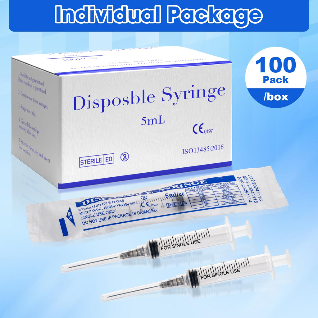 5ml 22 Gauge 32mm Syringe for Scientific Labs,Luer Lock Disposable Syringes, Individually Wrapped