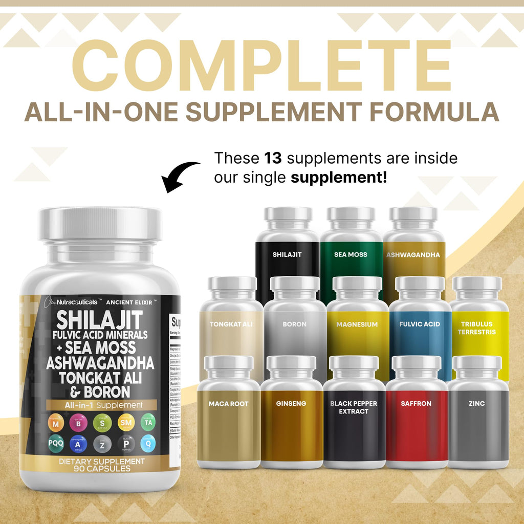 Clean Nutraceuticals Shilajit Supplement for Men with Sea Moss, Tongkat Ali, Ashwagandha, Boron, Zinc, CoQ10, PQQ - Fulvic Acid Capsules - Energy Support - 90 Count - Resin, Gummy & Powder Alternative
