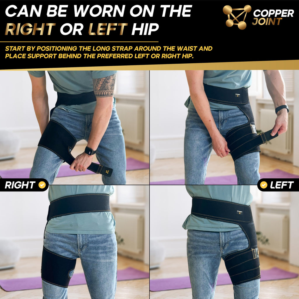 CopperJoint Hip Brace for Women & Men, Adjustable Hip and Thigh Compression Wrap, Left or Right Wear, Groin, Hamstring and Upper Thigh Support, One Size