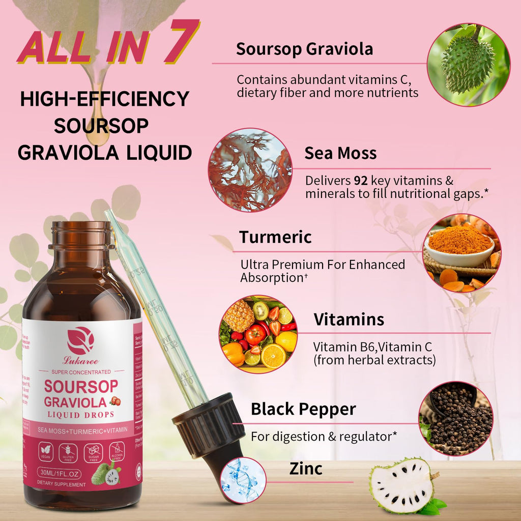 (2 Pack) Soursop Graviola Leaf Extract Liquid Drop Plus Pure Botanical Sea Moss for Cell Support & Regeneration, Immunity and Gut Health, Soursop Bitters Liquid丨Full Texture,Strawberry Flavor,1 Fl Oz