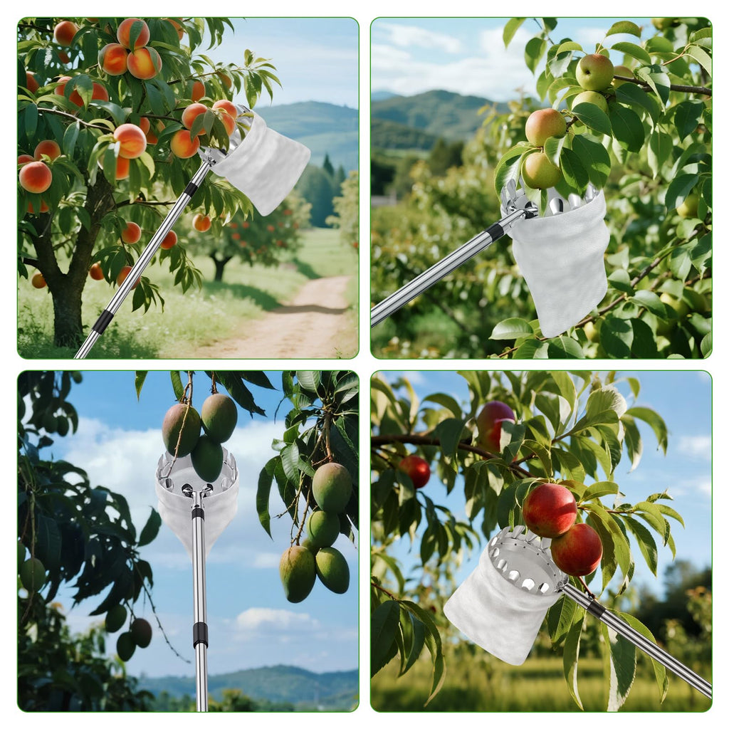 BURMONG 13.8 FT Telescoping Fruit Picker Pole with Soft Basket, Long Reach Tree Fruit Harvester Tool for Apple, Mango, Orange & More, Extendable Fruit Picking Tool for Garden Orchard