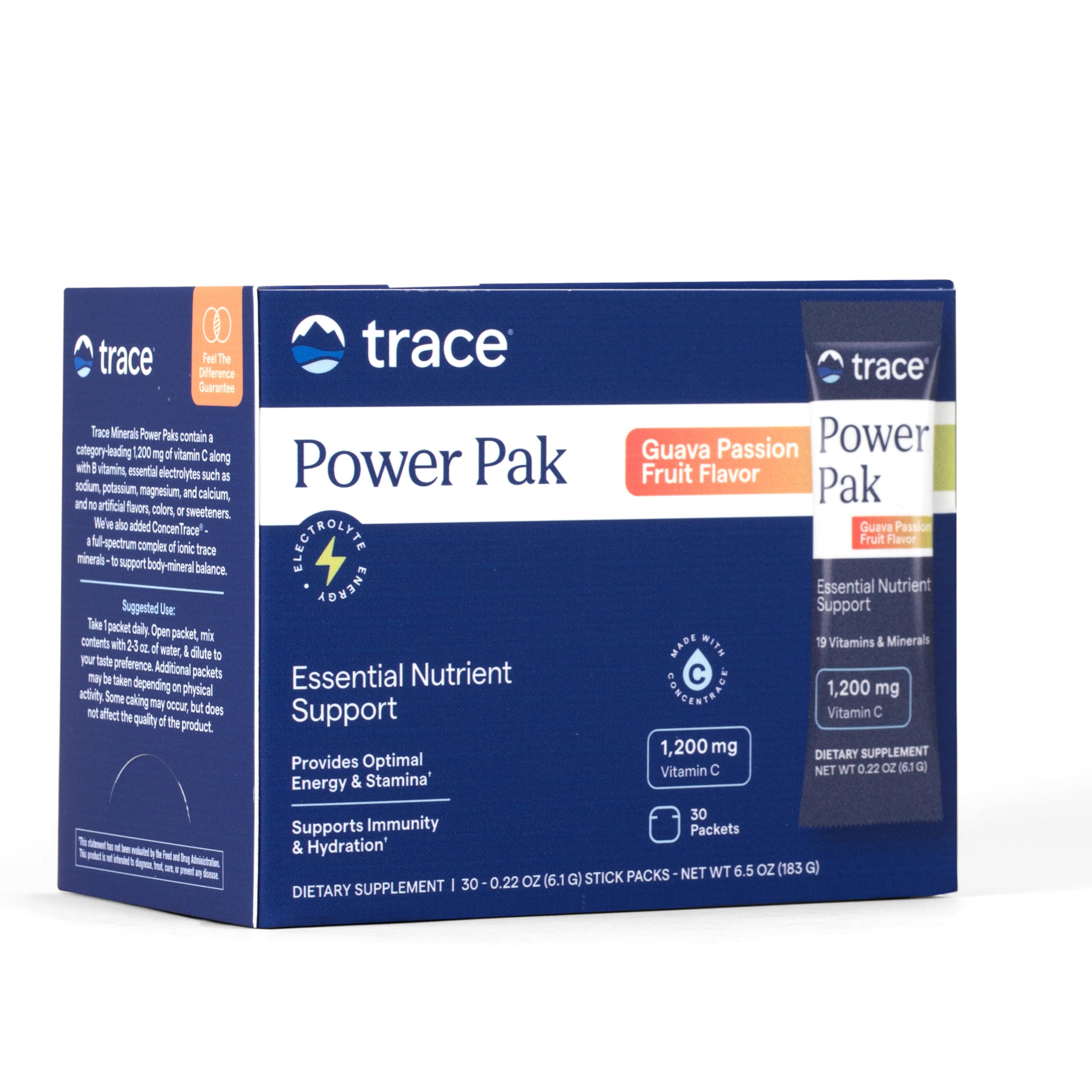 Trace Minerals Power Pak Multivitamin and Multimineral Packets - Electrolyte Support - 1200 mg Vitamin C plus 70+ Trace Minerals - Guava Passion Fruit Flavor - 30 Packets