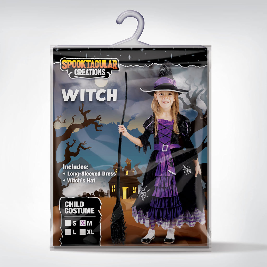 Spooktacular Creations Halloween Fairytale Witch Dress for Kids, Girls Cute Witch Costume Deluxe Set with Broom for Toddler Halloween Role Play Parties, Purple