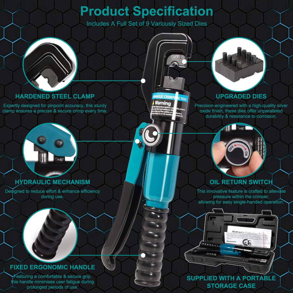 Brileine 10 Tons Hydraulic Crimping Tool with 9 Dies - Battery Cable Crimper Tool & Wire Rope Crimping Tool for 12 to 2/0 AWG, 1/16" 1/8" 3/16" Stainless Steel Cable Railing Tool