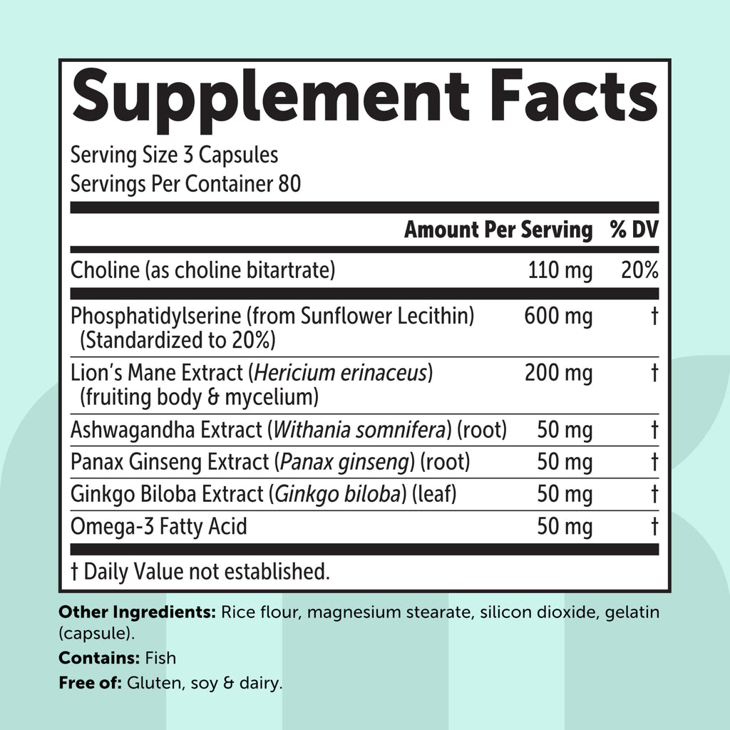Micro Ingredients Phosphatidylserine 600 mg Per Serving, 240 Capsules | Soy Free Phosphatidylserine Supplement with Choline, Lion’s Mane, Ginkgo & Omega-3 | Non-GMO, Gluten Free