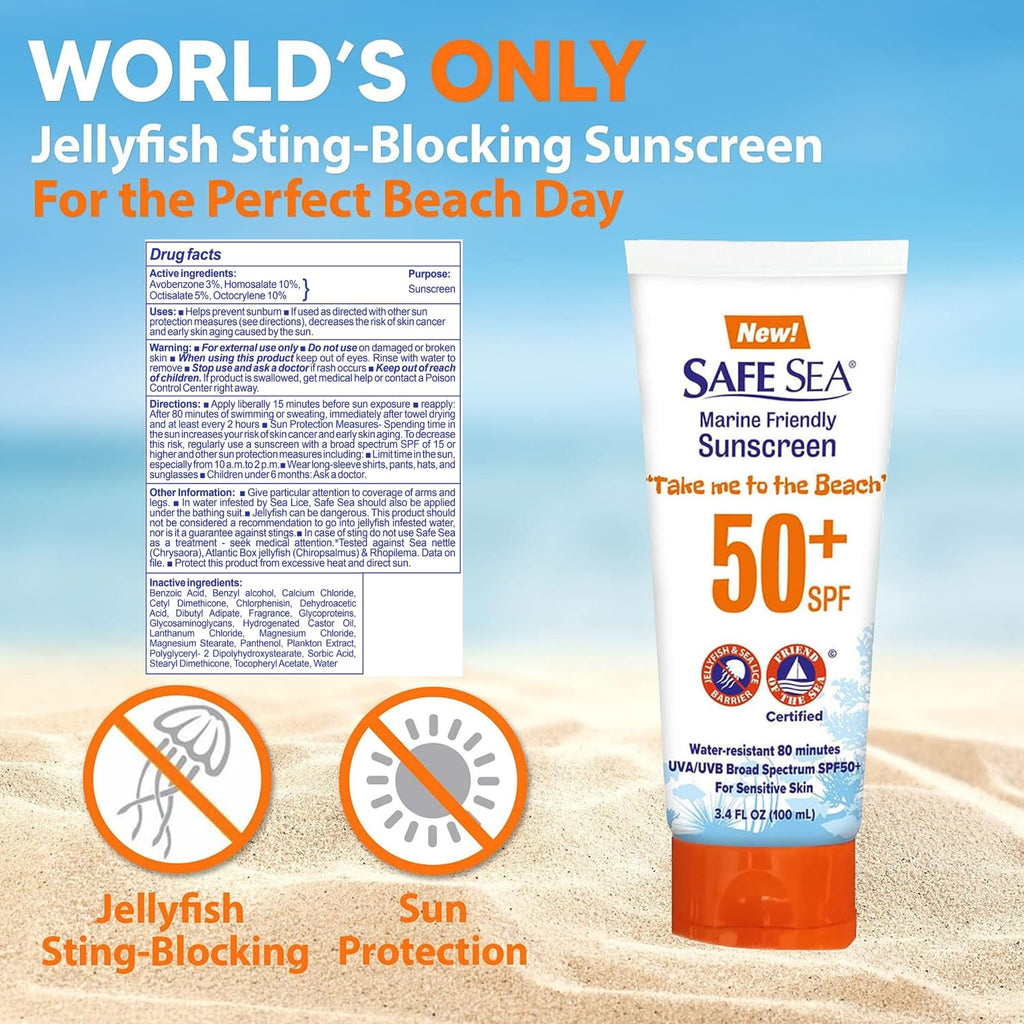 SAFE SEA Jellyfish Sting-Blocking Sunscreen, SPF 50+ travel Size Lotion, Waterproof, Biodegradable, Coral Reef-Safe, Body and Face Sunscreen, Anti-Jellyfish and Sea-Lice sting protection (Tube 3.4 oz)