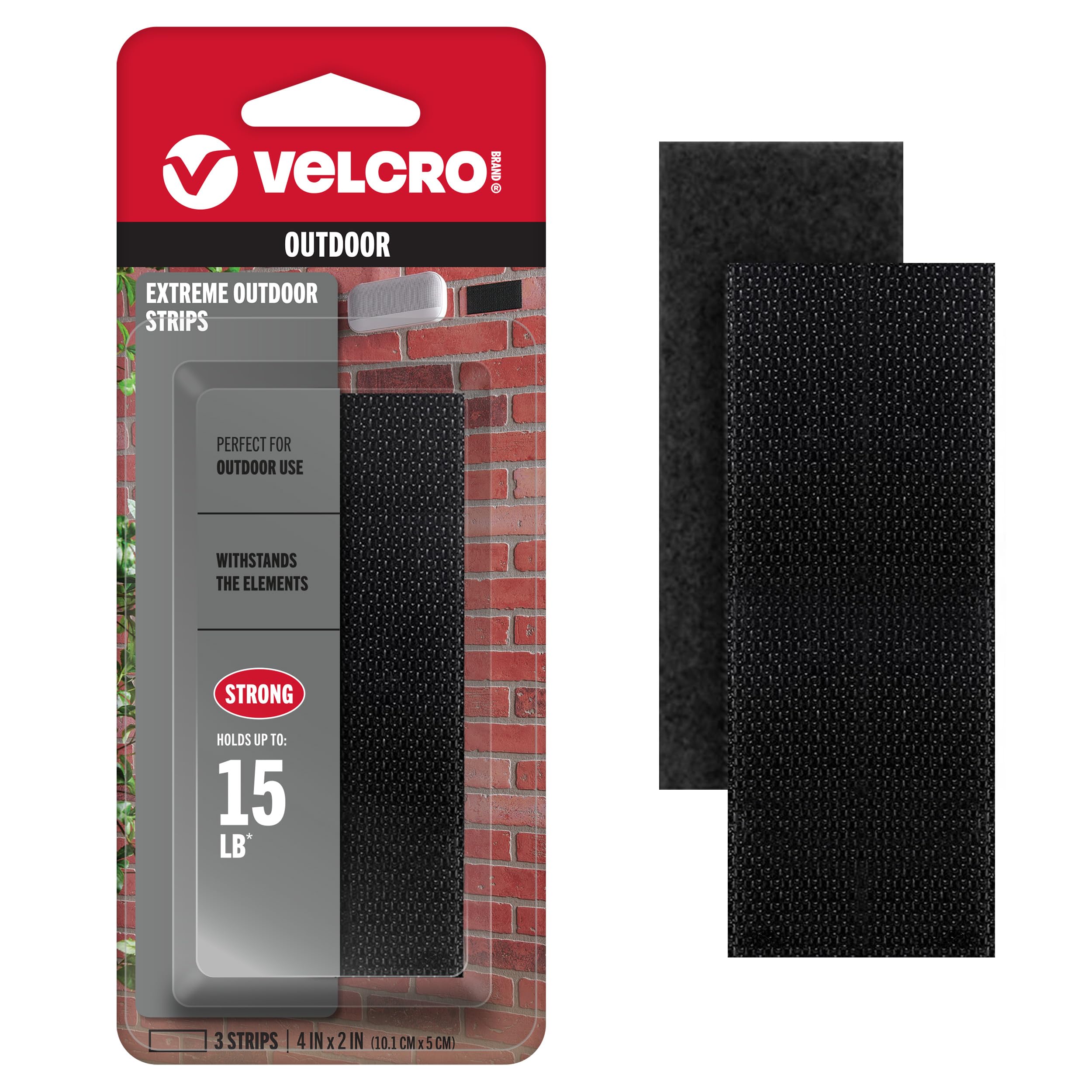 VELCRO Brand Extreme Outdoor Strips, Black, 4in x 2in, 3 Sets
