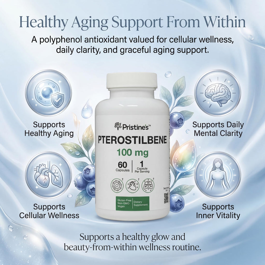 PRISTINE'S Pterostilbene 100mg Anti Aging Supplement Capsules - 60 Day Supply - Lung Health & Mental Clarity Antioxidant - High Bioavailability Vegan Non GMO