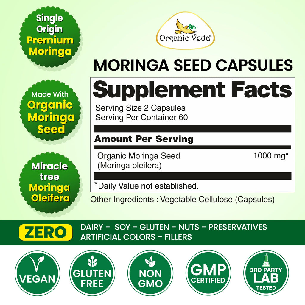 Organic Veda Moringa Seeds Capsules - Omega 3, 6, 9, Powerful Antioxidants, Vitamins, Amino Protein Rich Organic Moringa Seeds for Eating - Moringa Seed Powder Energy & Vitality, 120 Vegan Capsule