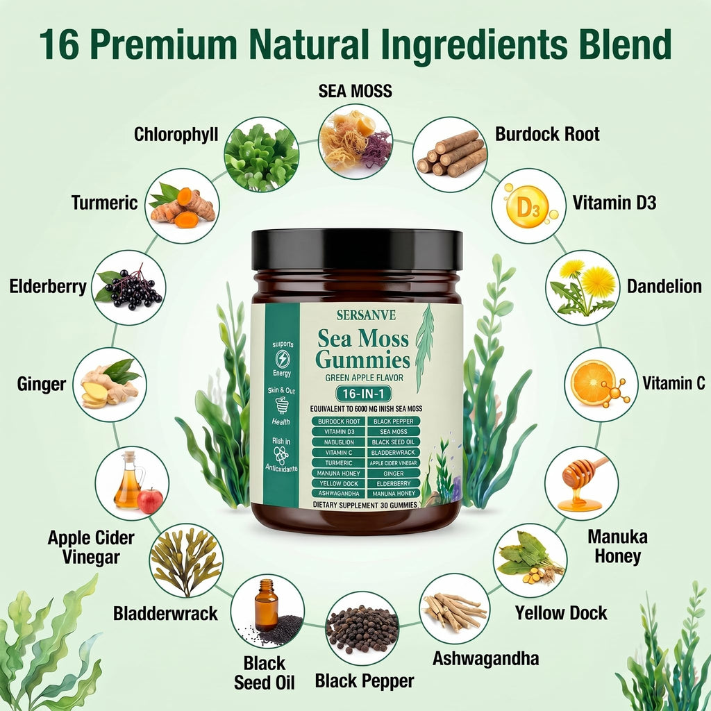 Sea Moss Gummies 16-in-1, with Black Seed Oil, Ashwagandha & Elderberry | Organic Irish Sea Moss Supplement for Men & Women | Daily Support with Manuka, Burdock Root & Vitamins C & D3, 30 Gummies