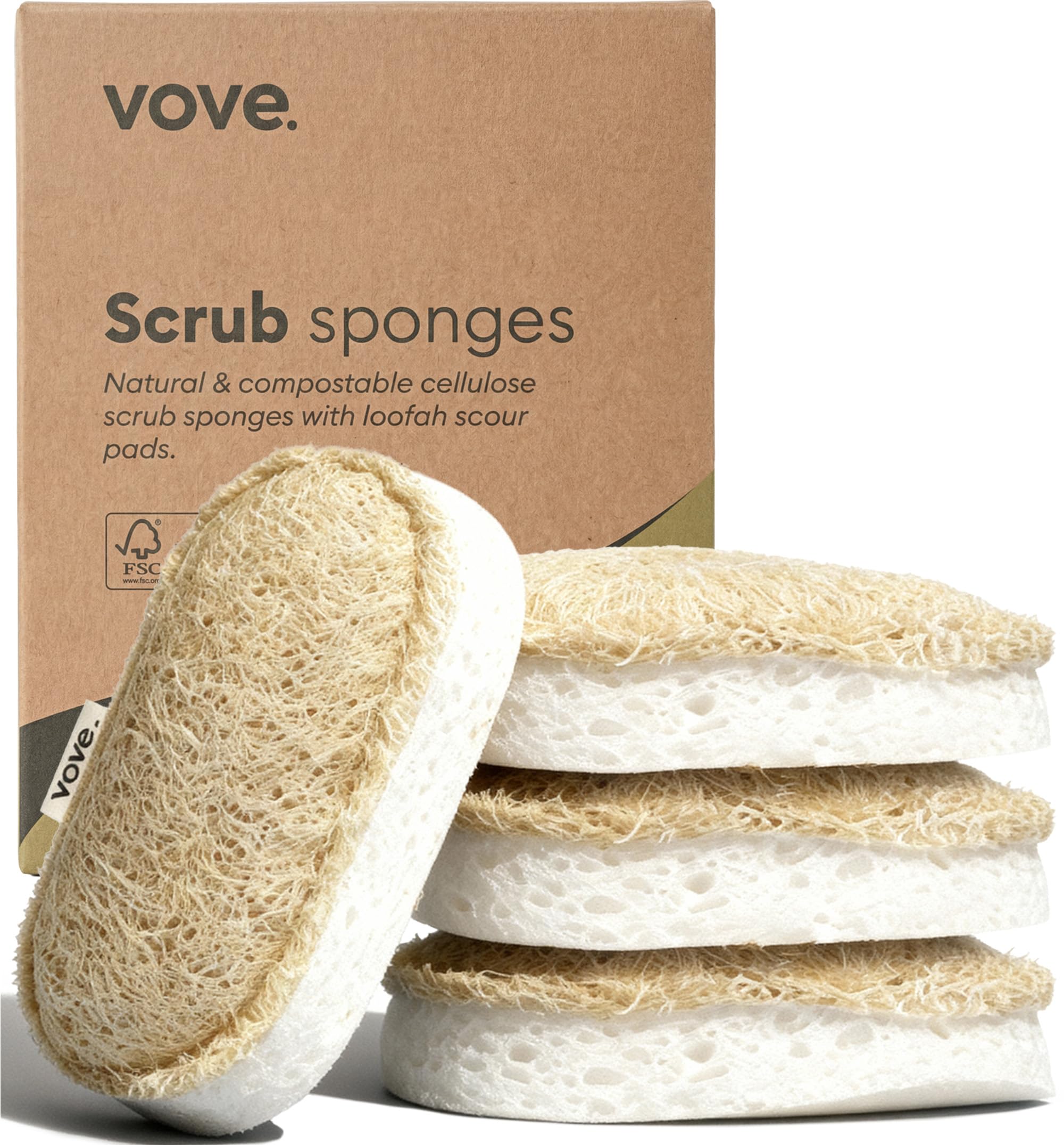 Vove Scrub Sponges 4 Pack, Cellulose & Cotton with Natural Loofah, Eco-Friendly Loofah Dish & Kitchen Sponges, Bathroom Scrubbing Pads, FSC-Certified Packaging