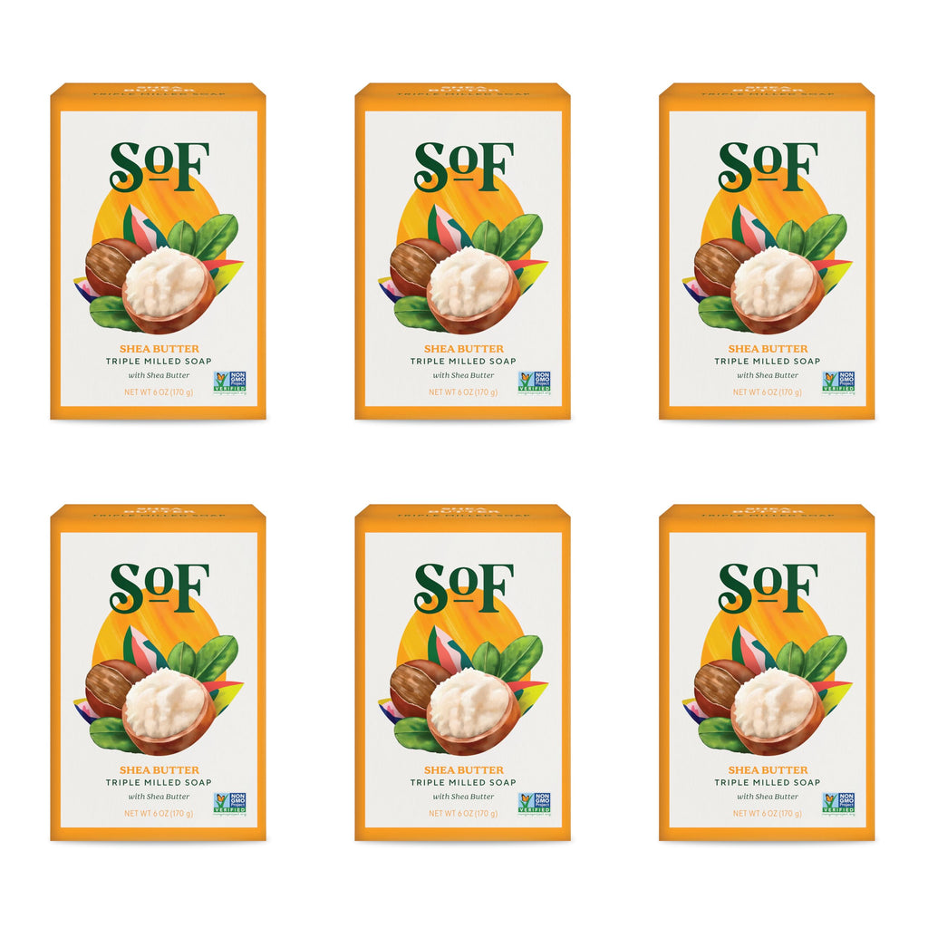 SoF Triple Milled Bar Soap - With Coconut Oil & Organic Shea Butter- Vegan & Non GMO- Free From Phthalates, Sulfates & Parabens- Shea Butter - 6 oz Bar 6 Bars