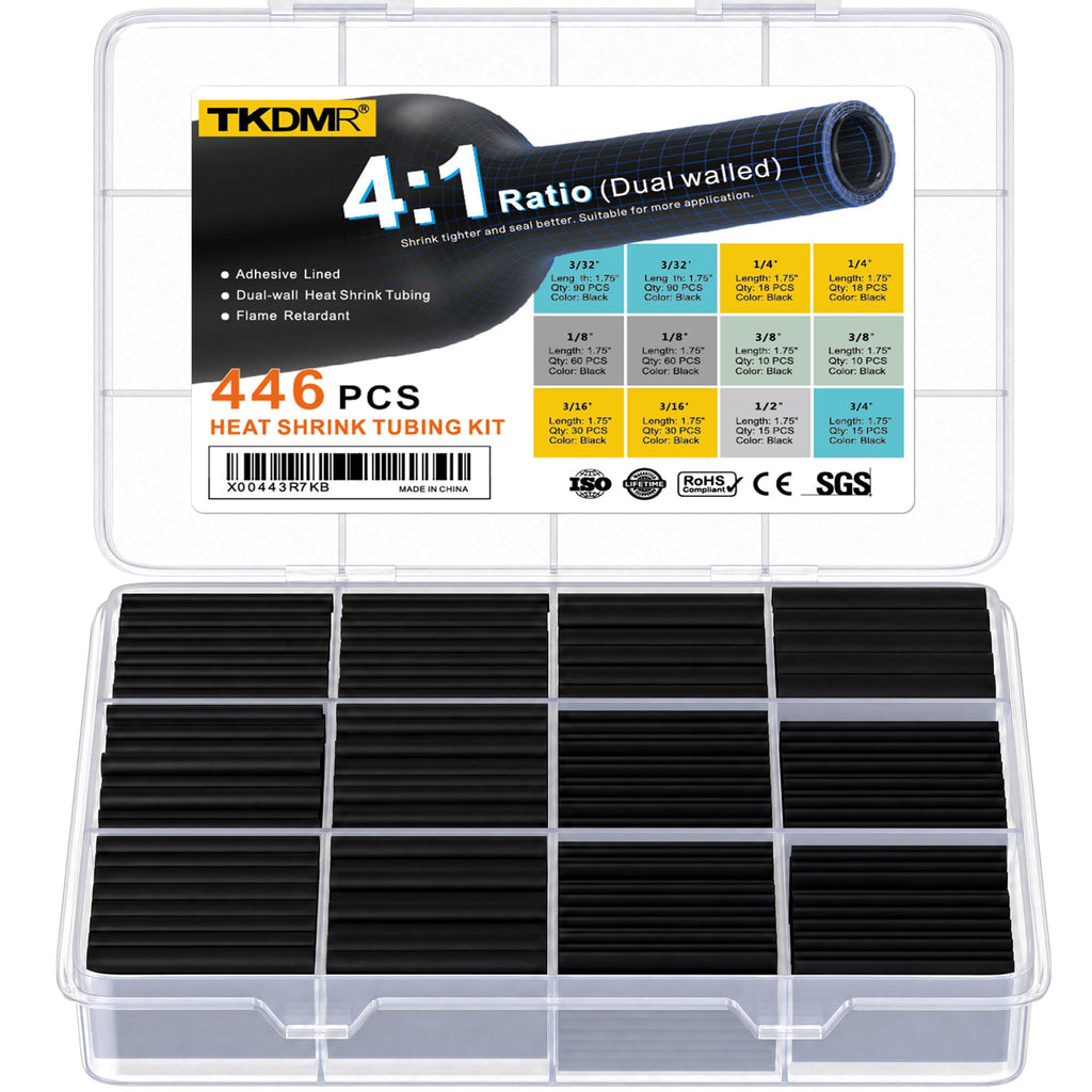 TKDMR 446 Pcs Heat Shrink Tubing Kit - 4:1 Ratio Adhesive Lined, Marine Grade Shrink Wrap - Industrial Heat Shrink Tubing,Black