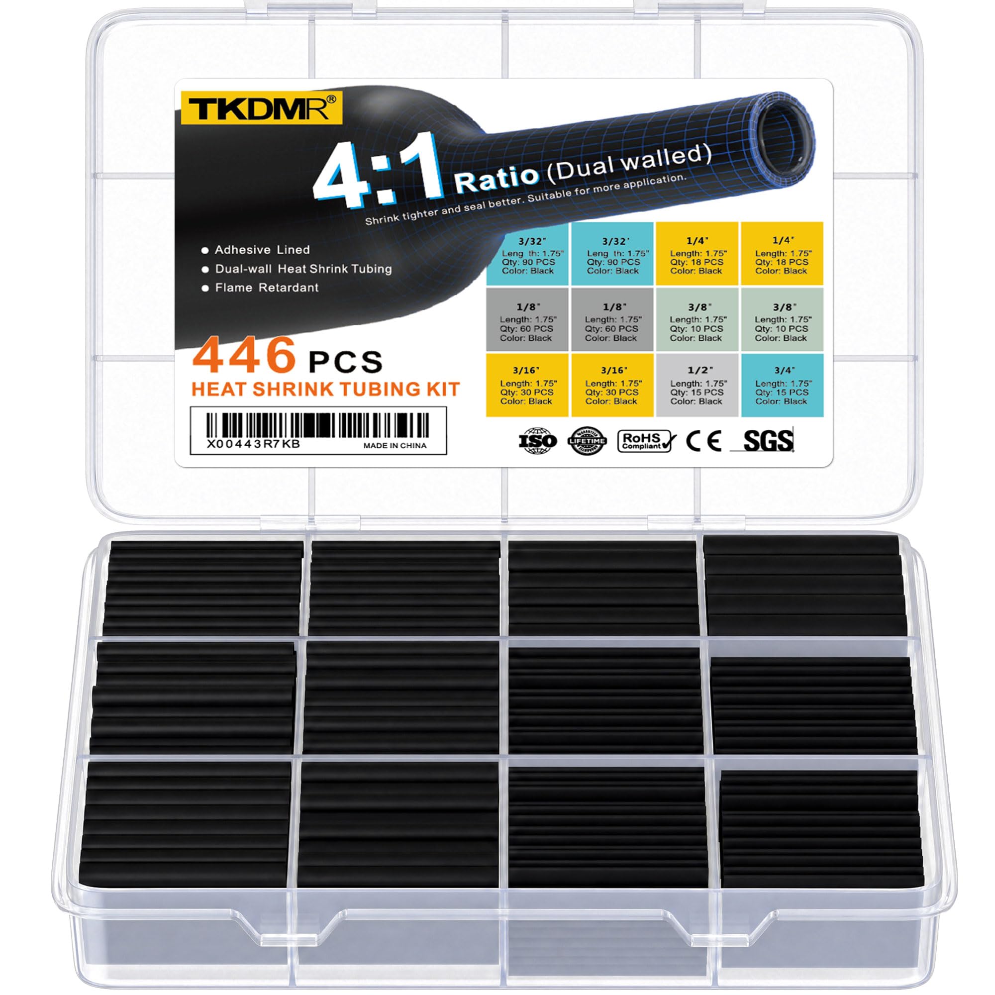 TKDMR 446 Pcs Heat Shrink Tubing Kit - 4:1 Ratio Adhesive Lined, Marine Grade Shrink Wrap - Industrial Heat Shrink Tubing,Black