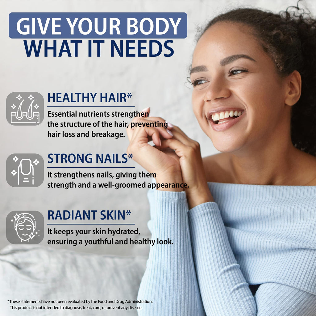 StrongVit Biotin with Hyaluronic Acid, Keratin, and Collagen Supplements - Hair Growth Vitamins for Women, Healthy Nails and Skin, B1, B2, B3, B6, B7 Complex, USA (120 Capsules)