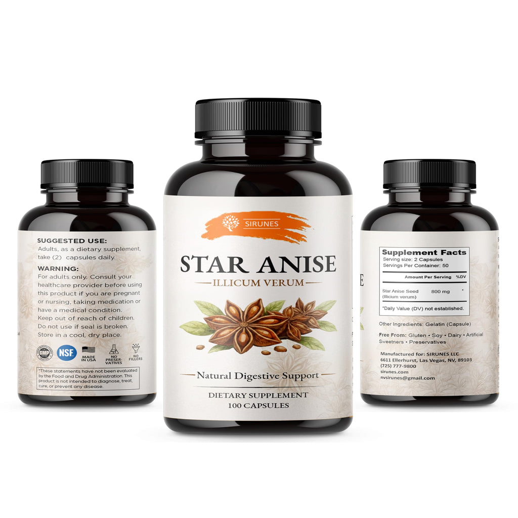 SIRUNES Star Anise Capsules (Illicium Verum) – 800 mg per Serving, 400 mg per Capsule – Herbal Star Anise Supplement – Natural Botanical Spice Extract – Gelatin Capsules – 100 Count