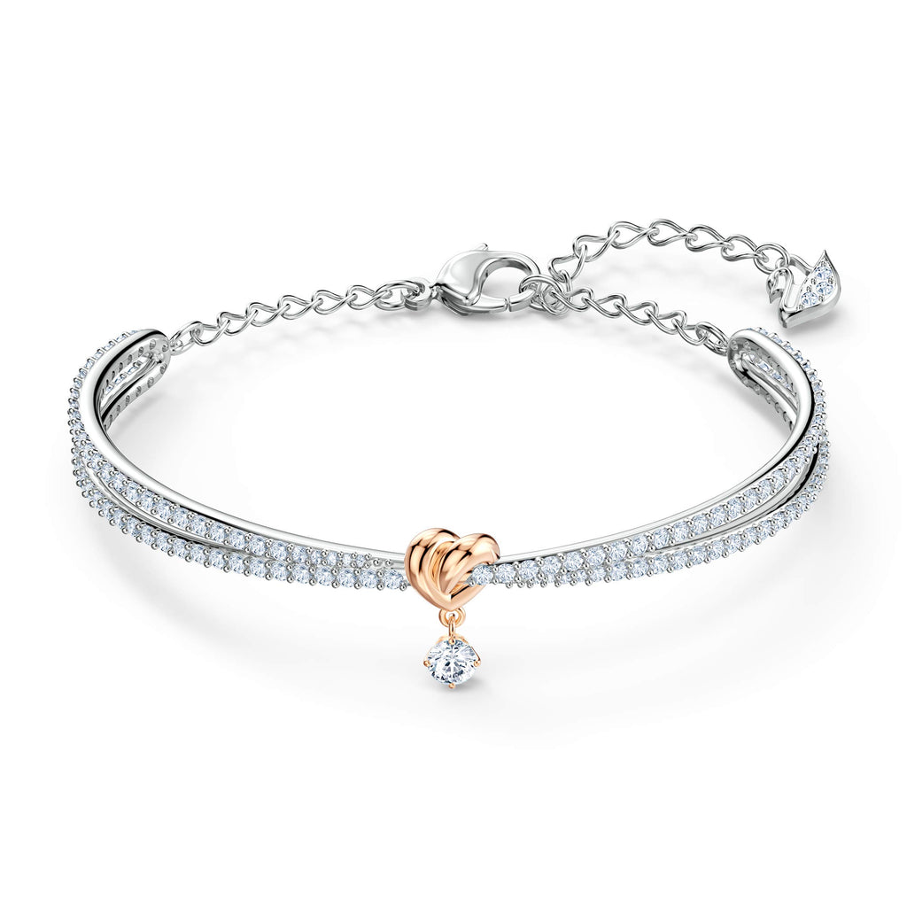 Swarovski Lifelong Heart Bangle, Clear Stones and Rose Gold-Finished Heart Motif in Rhodium-Finished Setting, Part of the Lifelong Heart Collection