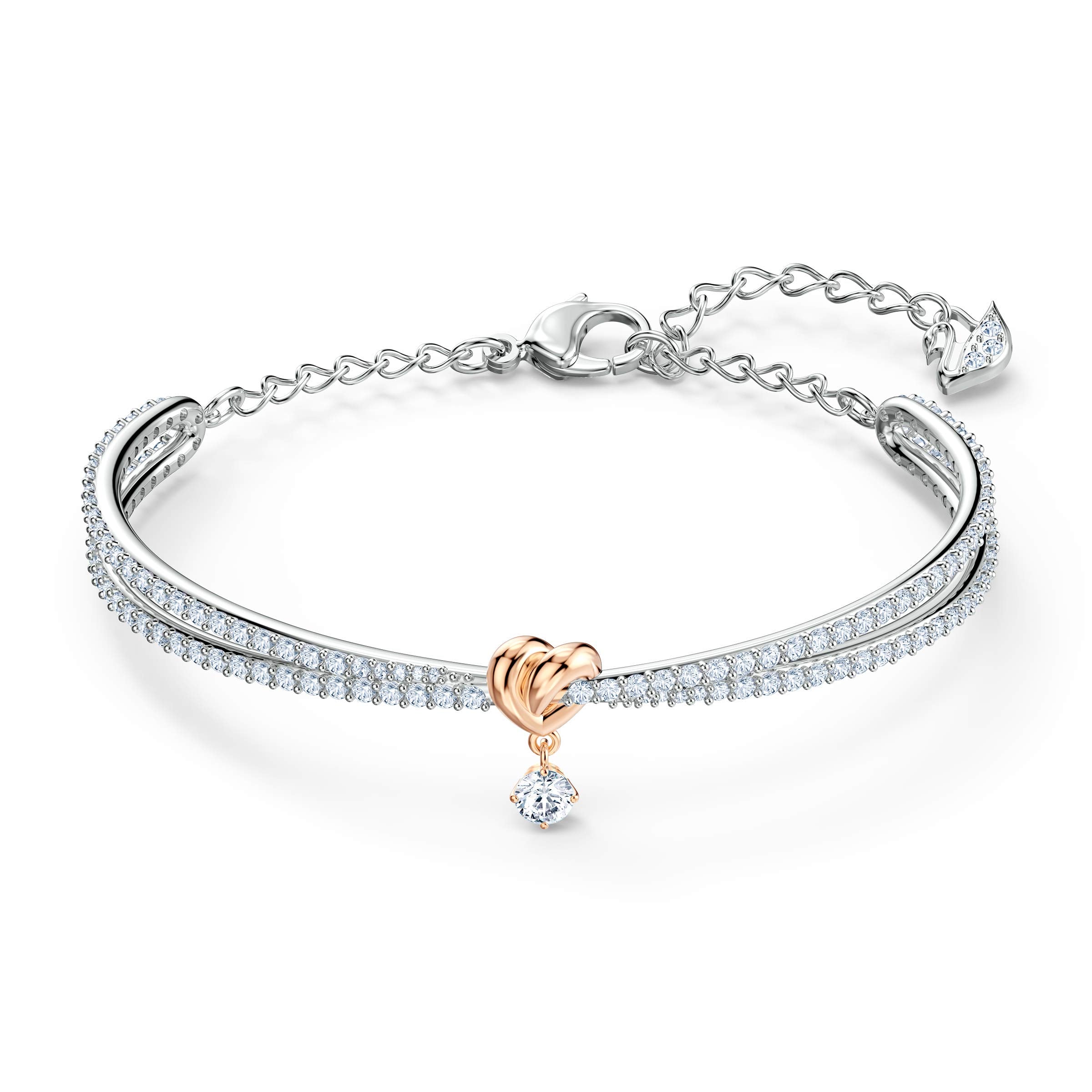 Swarovski Lifelong Heart Bangle, Clear Stones and Rose Gold-Finished Heart Motif in Rhodium-Finished Setting, Part of the Lifelong Heart Collection