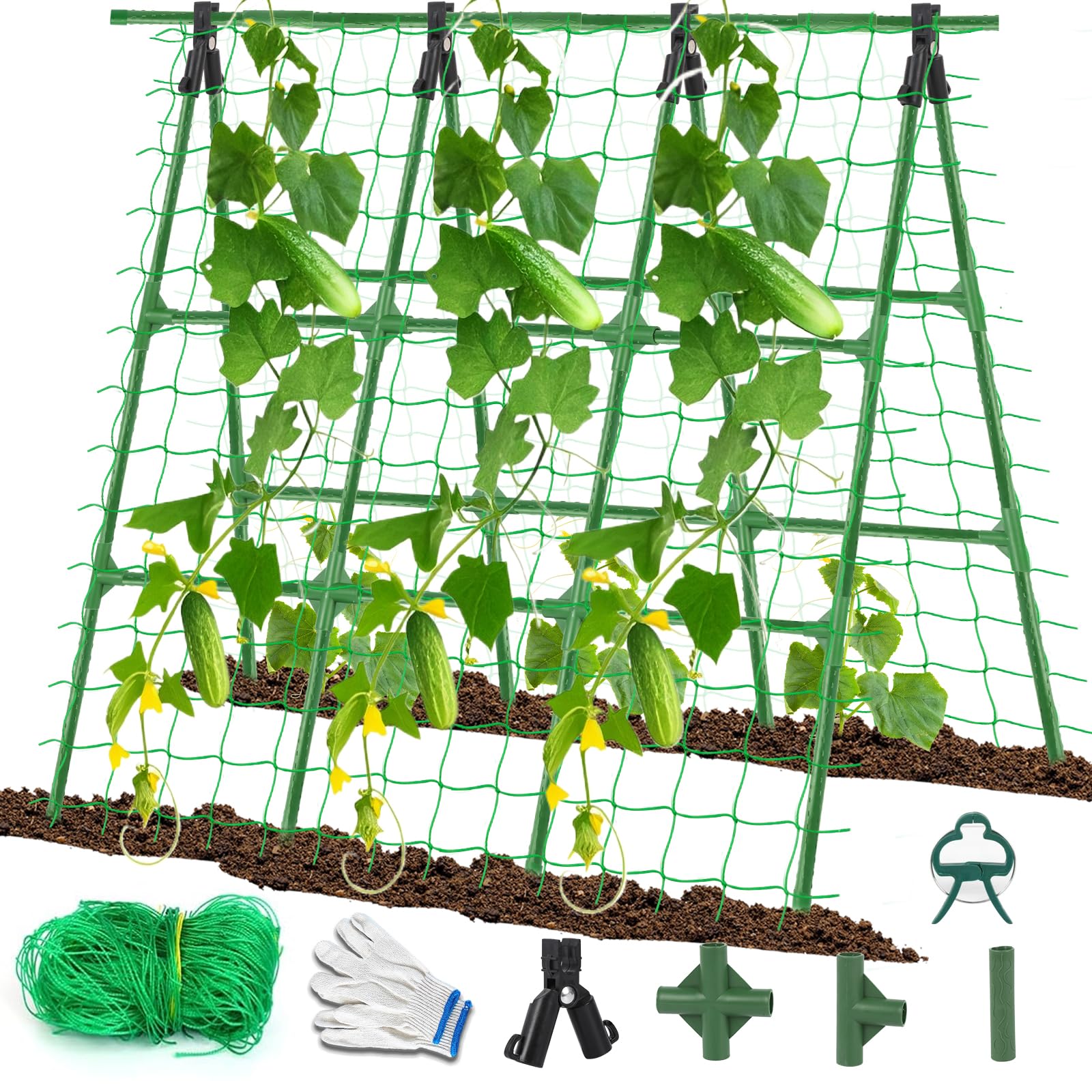 A-Frame Cucumber Trellis for Raised Bed - 47 x 47in, Heavy-Duty Detachable Garden Trellis with Netting & Clips, Support for Climbing Outdoor Cucumber, Tomatoes, Luffa, Bitter Melon, Vining Flowers