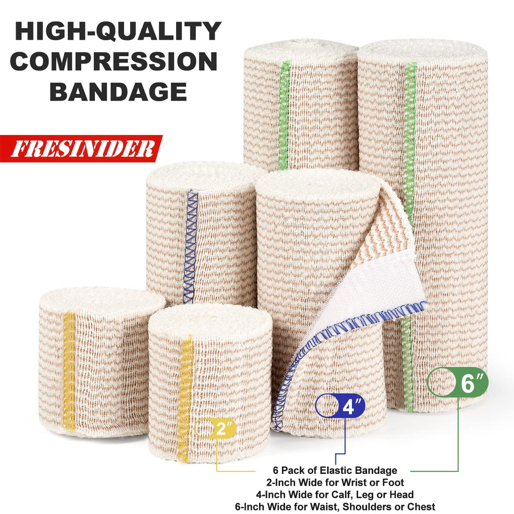 FRESINIDER Premium Elastic Bandage Wrap, 6 Pack (2x2, 2x4, 2x6) Cotton Compression Bandage with Touch Closure at Both Ends, Support & First Aid, Medical, and Injury Recovery