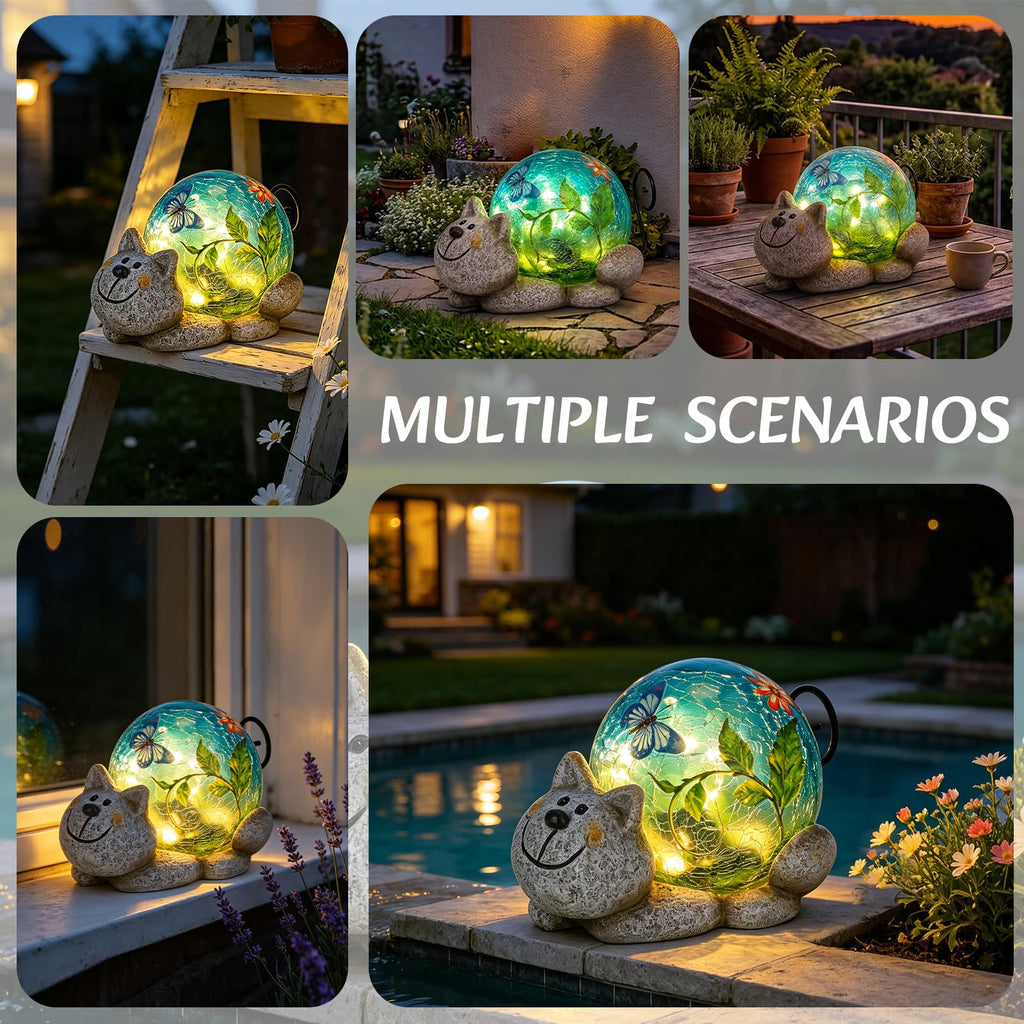 Solar Garden Outdoor Statue, Resin Cat Statues with Crackled Glass Globe