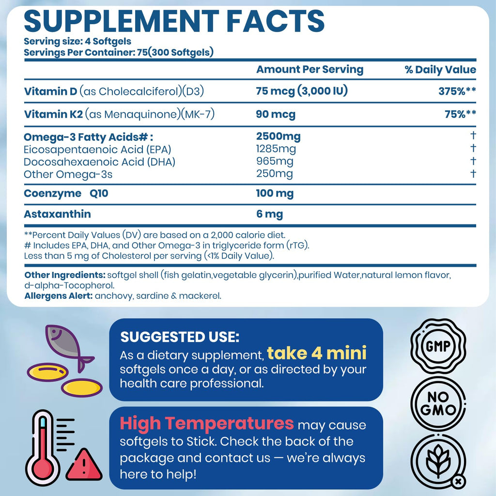 Arofum Omega 3 Fish Oil with Vitamin D3 K2 – 300 Lemon Flavored Burpless Softgels | Fish Oil Omega 3 Supplements Support Heart, Brain, Eyes & Immune Health | Gluten-Free, Non-GMO