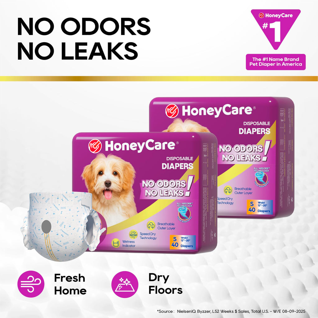 HONEY CARE All-Absorb Disposable Female Dog Diapers Small Size, Improved, 40 Count, Super Absorbent, Breathable, Wetness Indicator (Pack of 1, 40 Count Total)