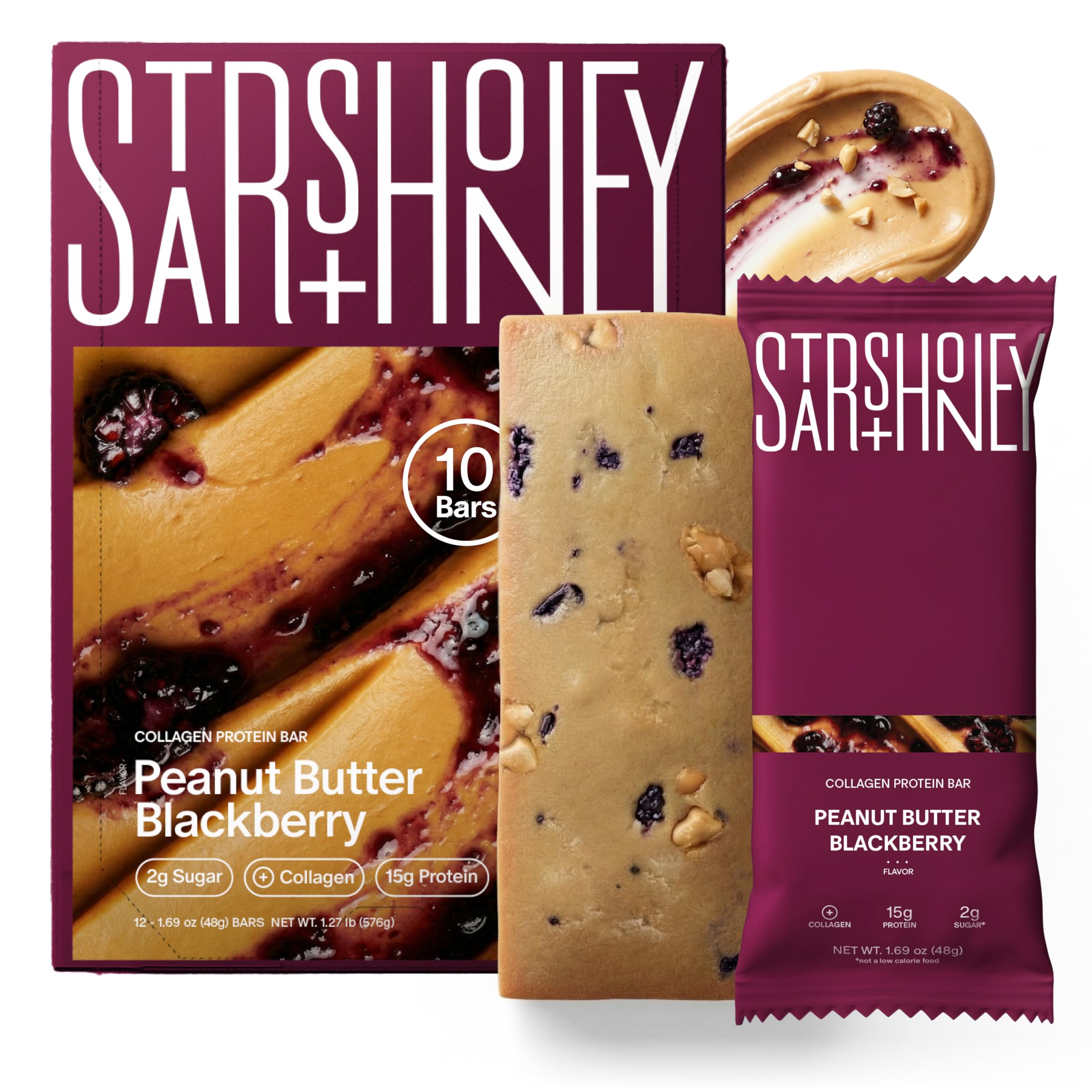 Stars + Honey Protein Bars, Peanut Butter Blackberry, 15g Protein, 2g Sugar, with Collagen Peptides, Dairy Free, Soy & Gluten Free Snacks, Keto Friendly, No Seed Oils or Sugar Alcohols, 10 Pack