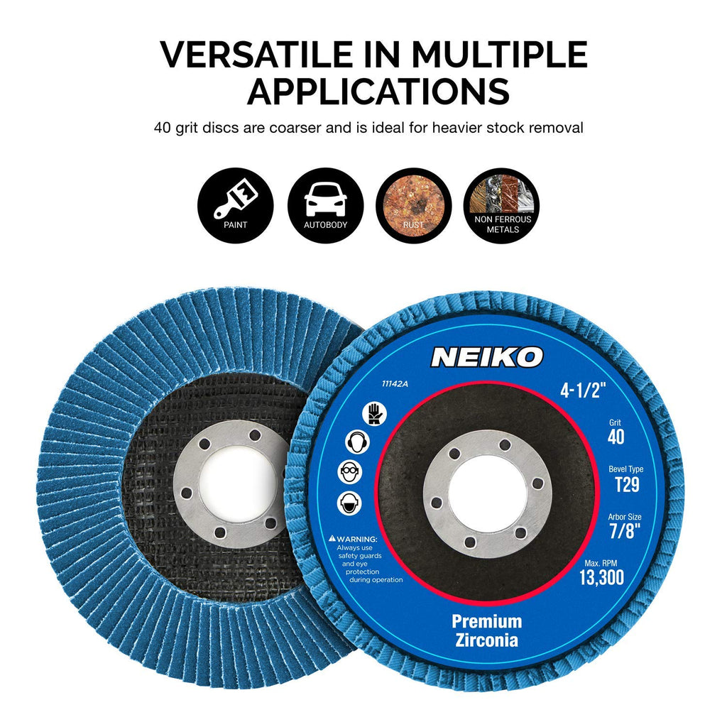 Neiko 11142A Premium Zirconia Flap Disc | 4.5" x 7/8-Inch, 40 Grit, Bevel Type #29 - 10 Pack