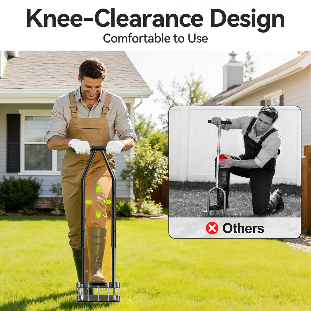 Knee-Friendly Lawn Aerator Tool, Spring Loaded Self-Cleaning Spike Aerator