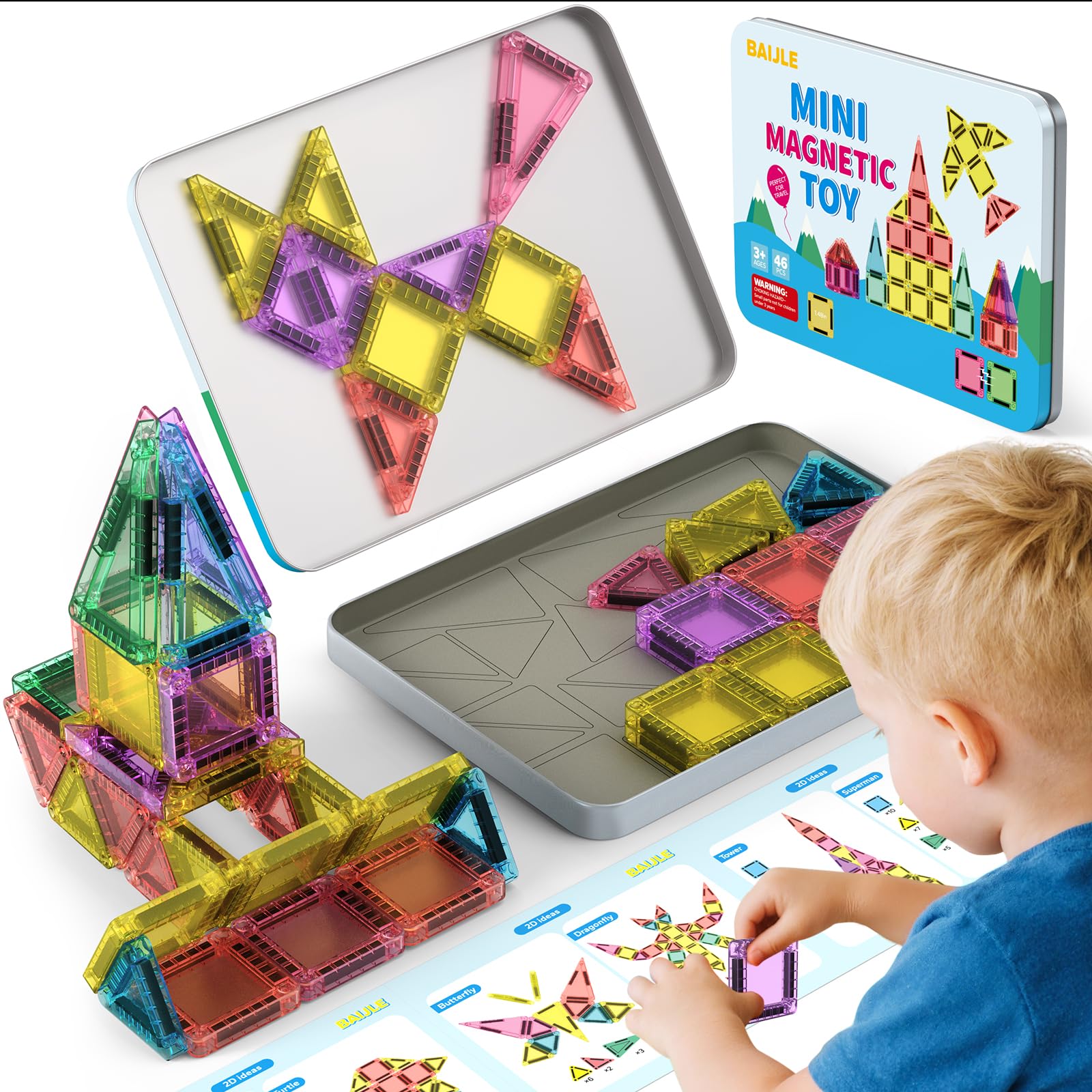 BAIJLE 46PCS Mini Magnetic Tiles, Portable Magnetic Toys Travel Set with Iron Case for Kids Ages 4-8,Creativity Boosting Building Toys Set,Toddler Puzzle Birthday Gift Toys for Boys and Girls Ages 3+