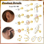 Cartilage Earring Stud for Women 14K Gold Plated Opal Flat Back Earrings