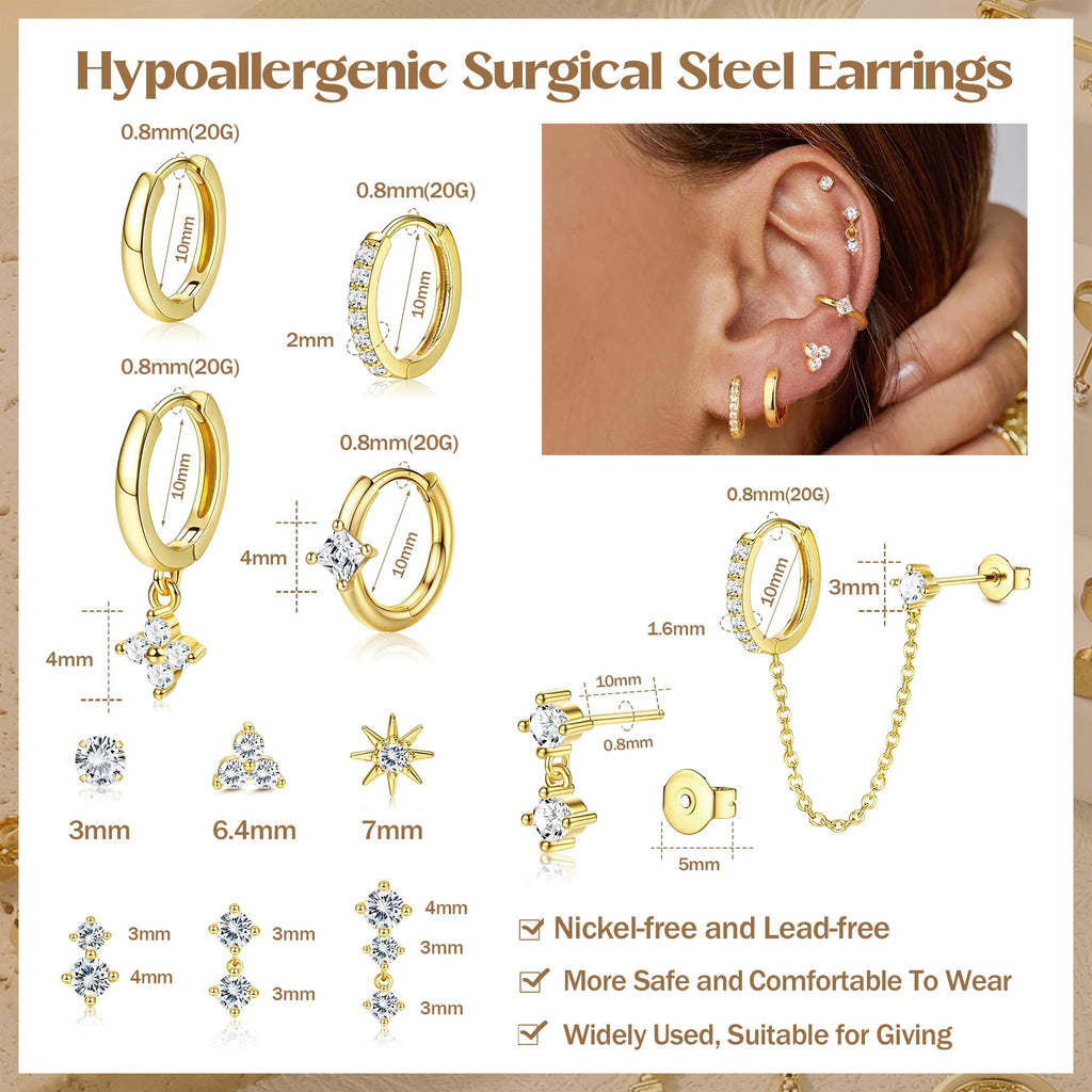 11 Pairs All CZ Hoop Earrings Stack Hypoallergenic Huggie Earring Studs