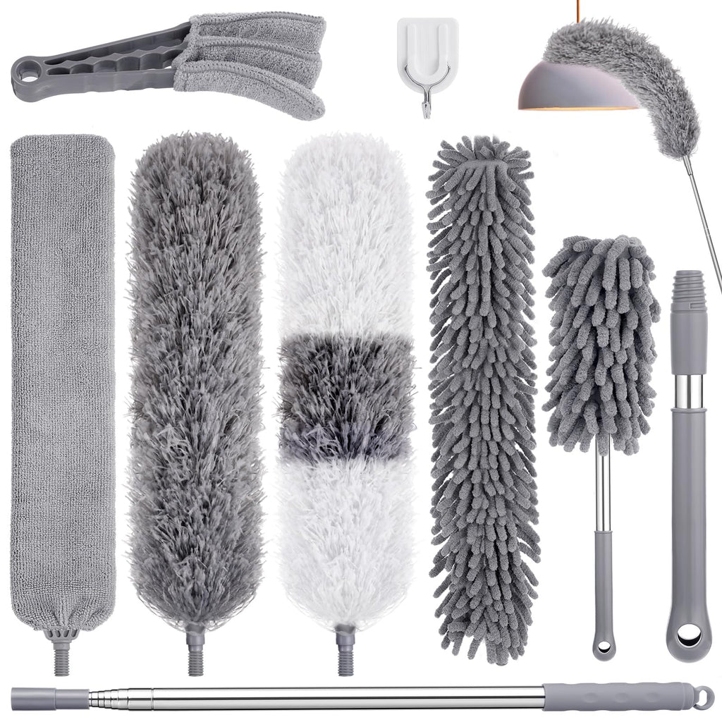 9PCS Dusters for Cleaning,Extendable Microfiber Duster with Extension Pole Up to 100'',Bendable Washable and Reusable Dusters Kit for Ceiling Fans, High Ceilings,Blinds,Furniture and Cars